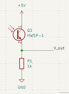Circuit schematic showing a phototransistor with its collector connected to +5V and its emitter pulled to ground through a 1k resistor. There is a wire coming from the emitter labeled V_out